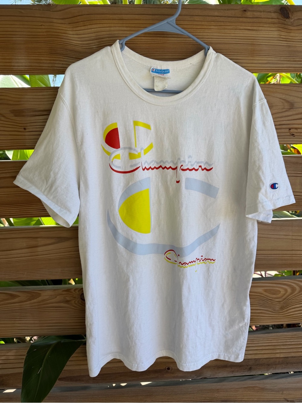 Vintage Champion White Short Sleeve Tee with Yellow & Red Graphic